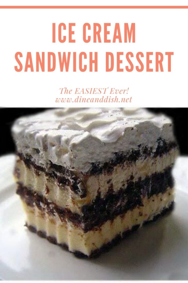 Graphic with an ice cream sandwich layer dessert topped with whipped cream on a white plate.