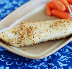 Tilapia filet on a brown plate and dark blue floral background