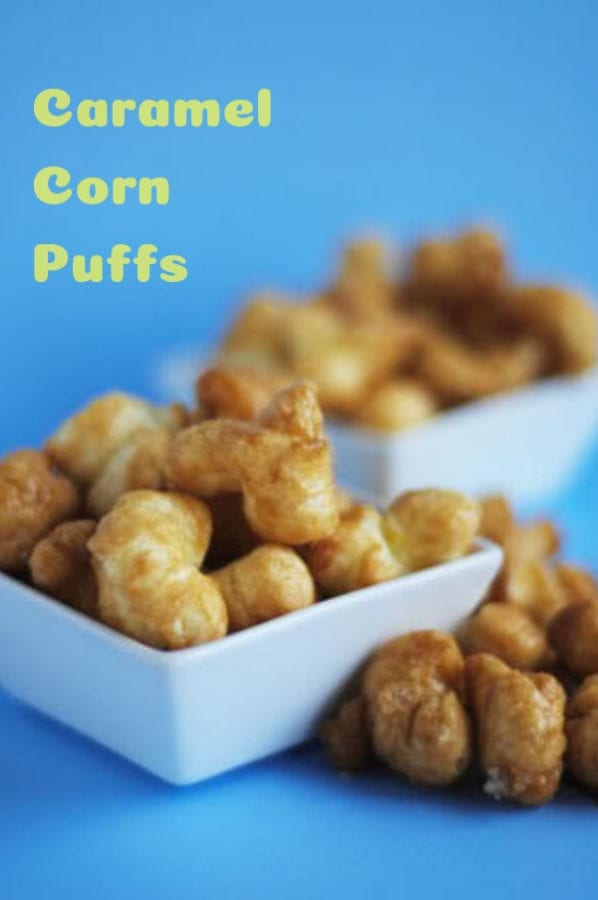 Puffs of caramel coated puffcorn in white bowls with a blue background