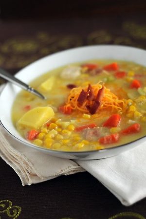 Corn and Vegetable Chowder with Chicken from dineanddish.net