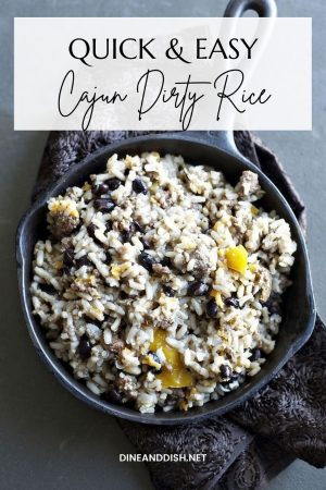 Image is a Cast Iron Skillet with Cajun Dirty Rice