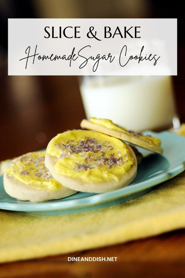 Yellow Napkin with a teal plate and stack of sugar cookies with a glass of milk