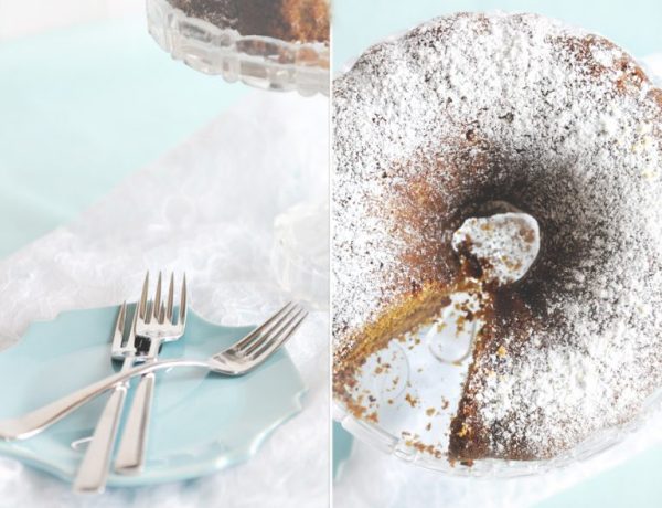 image is a dual image with forks and pumpkin oatmeal bundt cake with a blue background