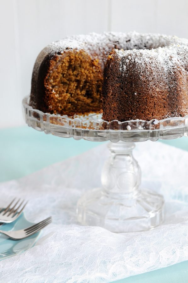 Image is a bundt cake on a glass depression glass cake stand with a tiffany blue background