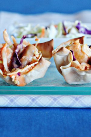 image is two buffalo chicken wontons on a blue background