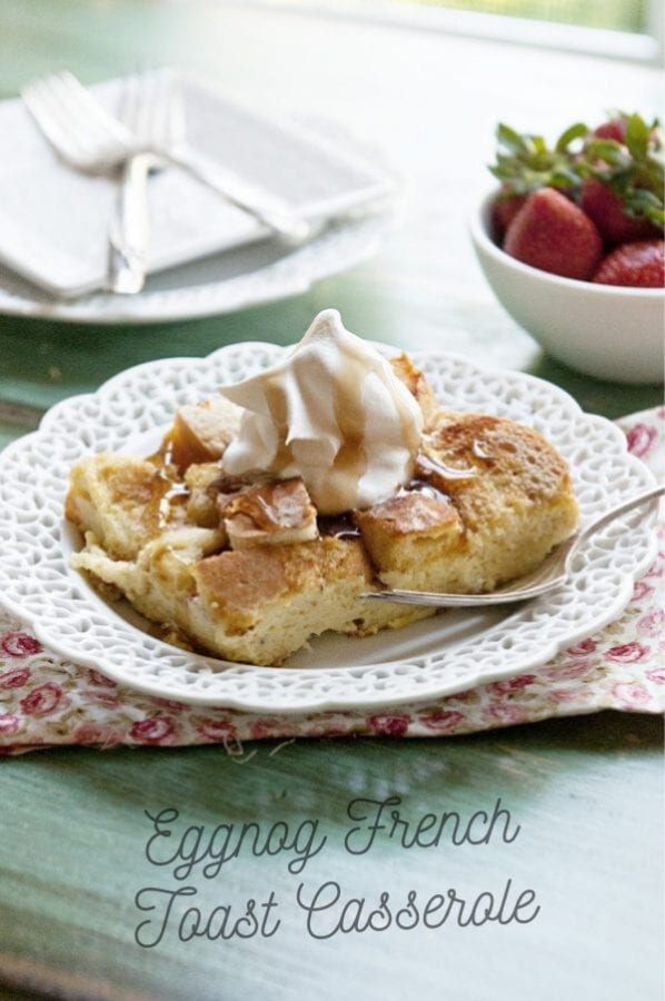 french toast casserole on a white plate and green table