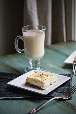 Eggnog Cheesecake Bars from dineanddish.net