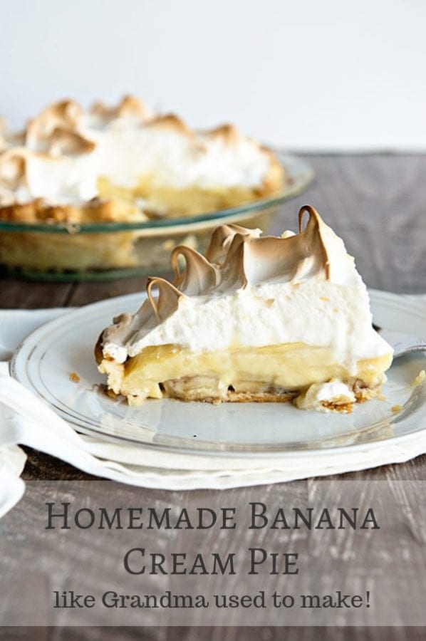 A Homemade Banana Cream Pie recipe just like what grandma used to make! Fluffy meringue and a flaky pie crust make this pie extra special.