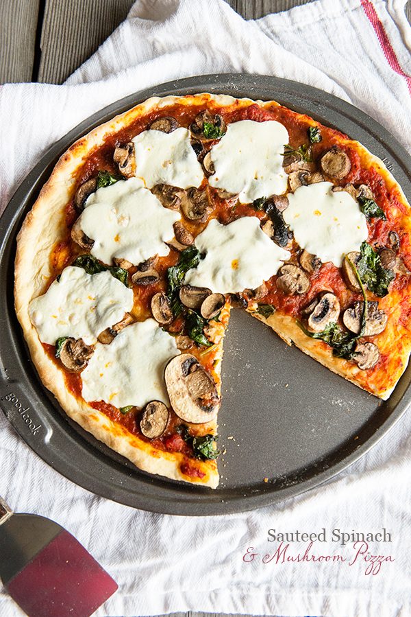 baked pizza with spinach and mushrooms with a pizza dough recipe