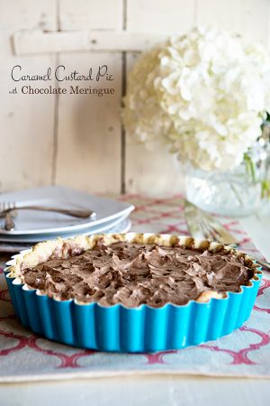 Caramel Custard Pie with Chocolate Meringue from dineanddish.net