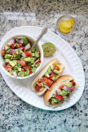 Grilled Hot Dogs with California Avocado Relish