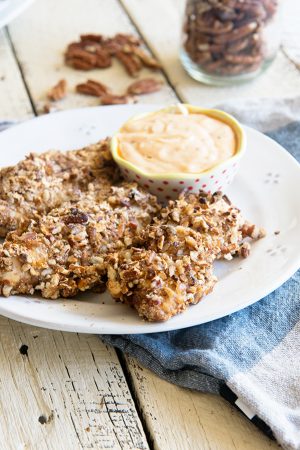 Pecan and Pretzel Crusted Baked Chicken Tenders Recipe on Dine and Dish