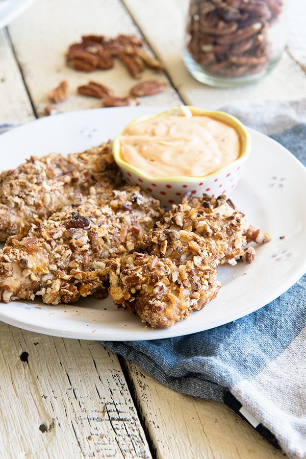 Pecan and Pretzel Crusted Baked Chicken Tenders turn chicken from boring to fabulous in a flash! Recipe on dineanddish.net