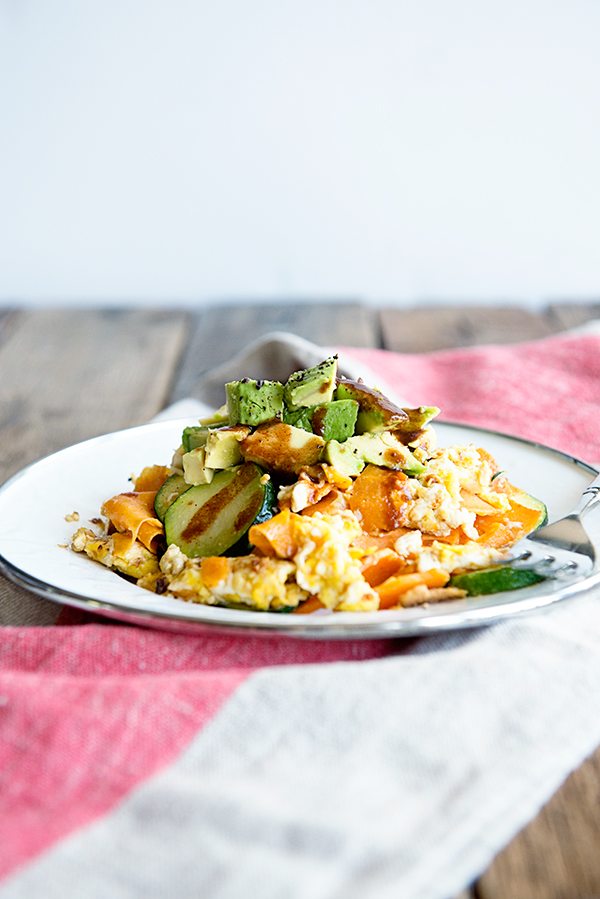 A white plate of diced Avocados, Eggs and Sweet Potatoes with zucchini on a rustic wood background