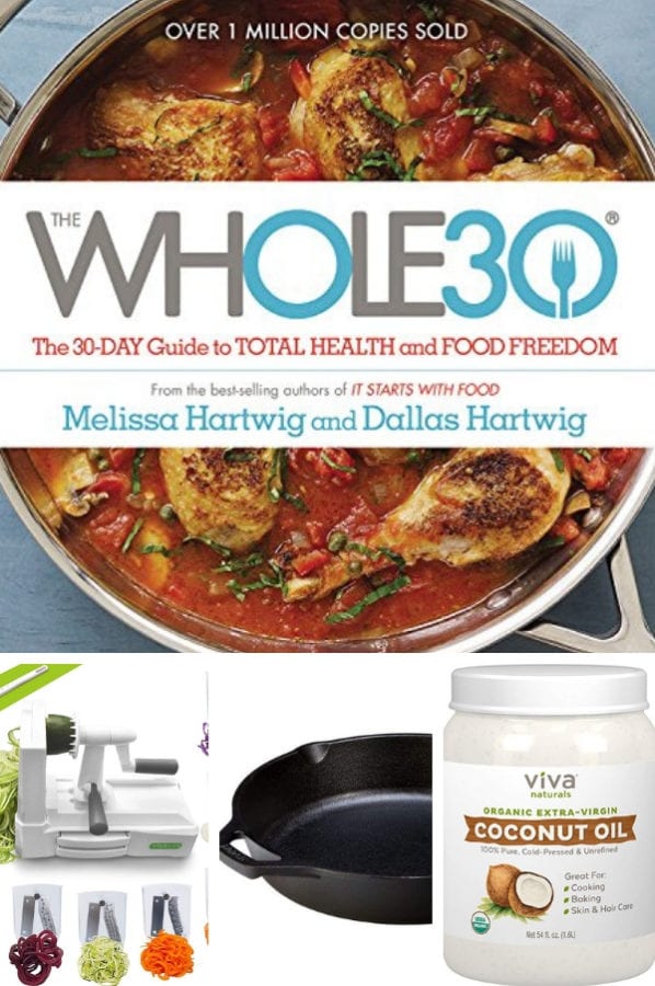 Collage with Whole30 Cookbook, Spiralizer, Cast Iron Skillet and Coconut Oil