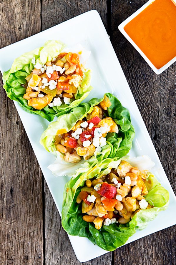 Buffalo Chicken and Beans Lettuce Wraps Recipe on dineanddish.net