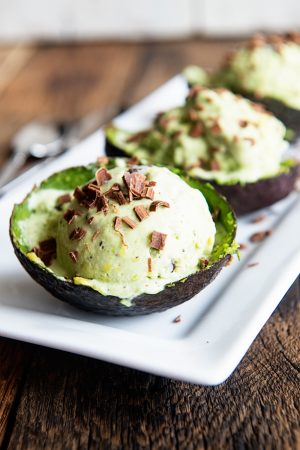 Shortcut Avocado Chocolate Chip Ice Cream is even better served in avocado shells! Recipe on dineanddish.net.