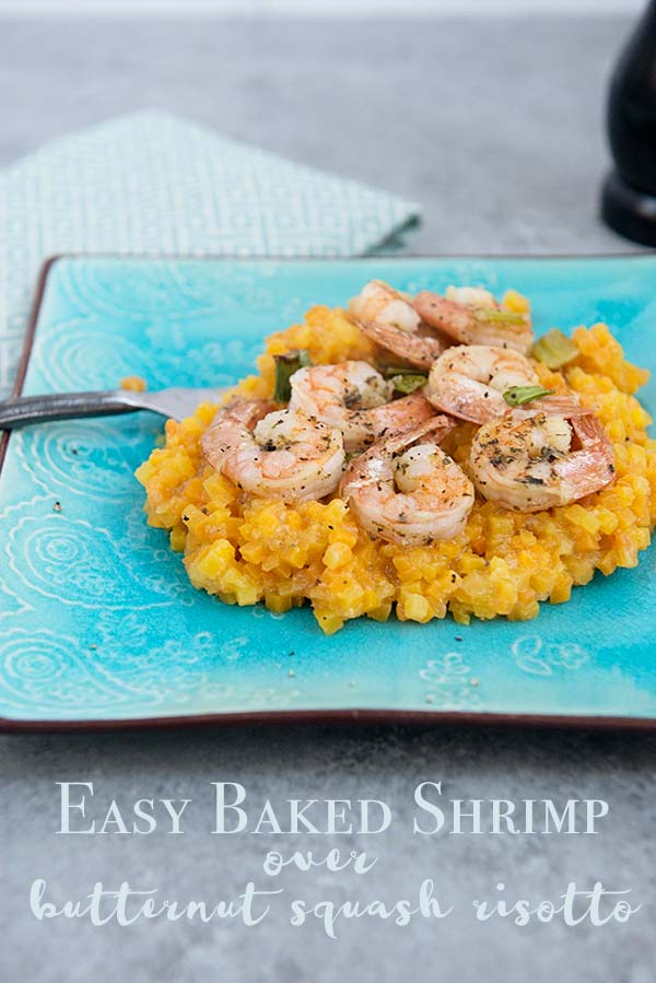 Easy Baked Shrimp over Butternut Squash Risotto recipe on dineanddish.net