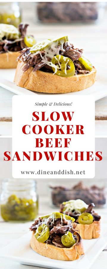 Slow Cooker Roast Beef Sandwiches are a monthly staple in our house. If you are looking for creative chuck roast ideas, give this open faced sandwich recipe a try! From dineanddish.net.