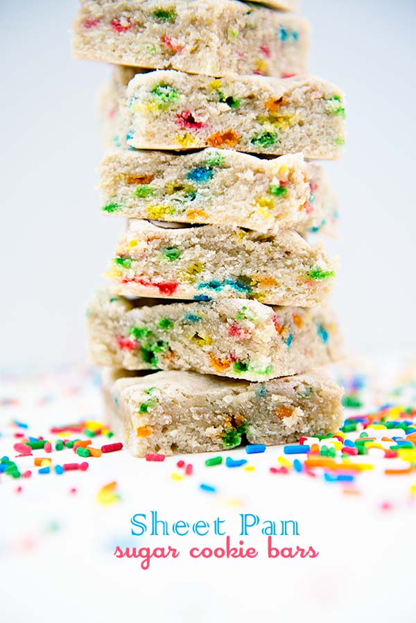 Sheet Pan Sugar Cookie Bars Recipe from dineanddish.net. A soft and chewy cookie bar for a crowd!