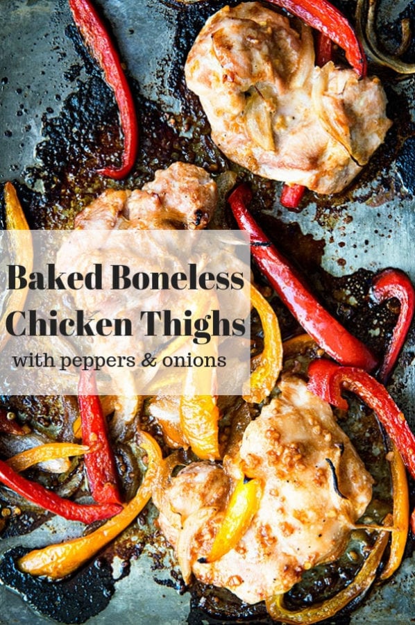 Sheet Pan Chicken Thighs with Peppers and Onions - a great way to make baked boneless chicken thighs!