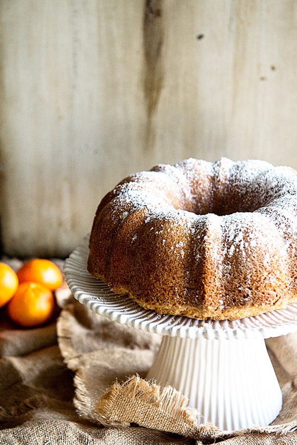 Orange Juice Cake with powdered sugar glaze on a moody backdrop