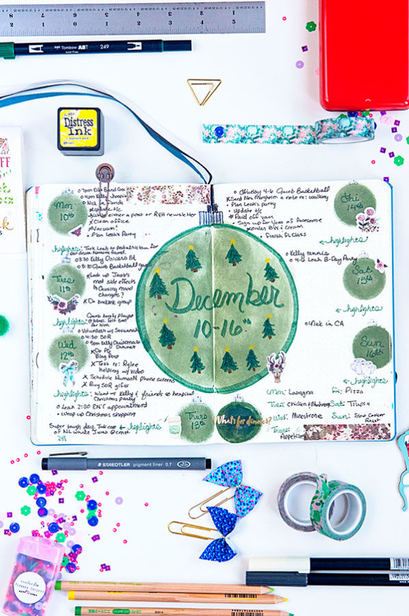 Bullet Journal page with green christmas ornaments stamped on