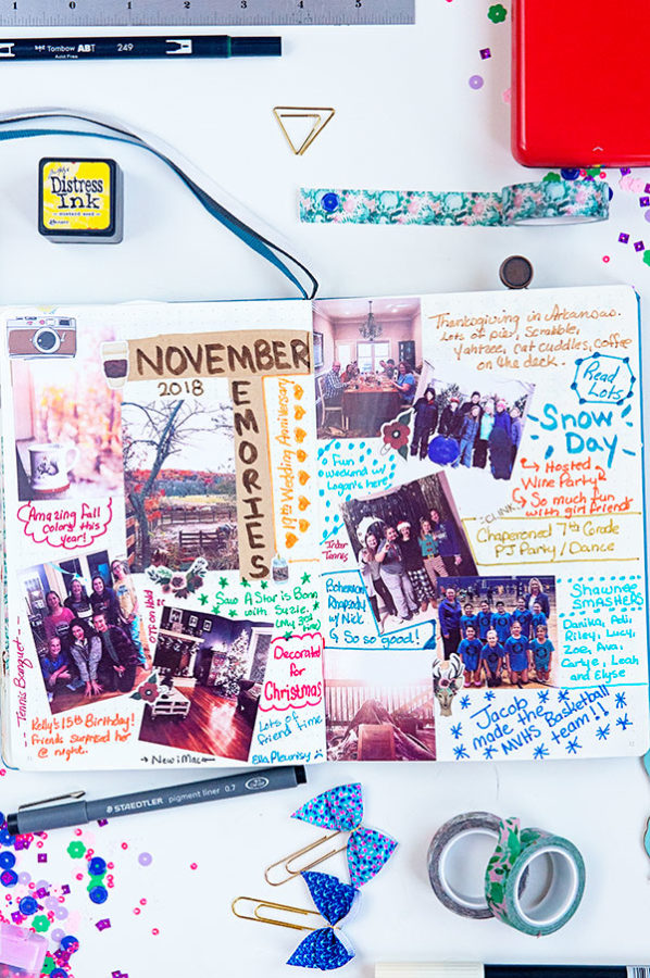 a bullet journal page with photographs for November Memories