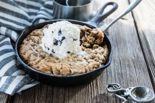 Cast Iron Skillet with Chocolate Chip Cookie and Ice Cream