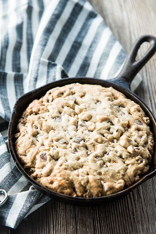 cast iron skillet with chocolate chip cookie