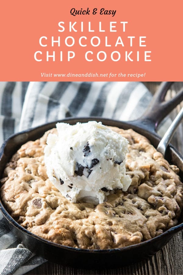 Cast Iron Skillet with a giant chocolate chip cookie and scoop of ice cream