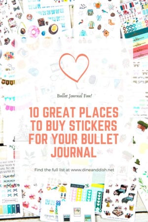 A flatlay with sheets of stickers and text that says 10 Great Places To Buy Stickers for Your Bullet Journal