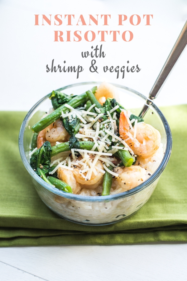 Clear Glass Bowl with Instant Pot Ristotto, Shrimp and Veggies