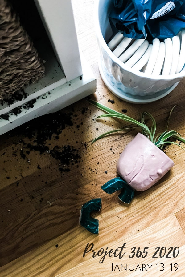 broken plant pot on the floor with dirt