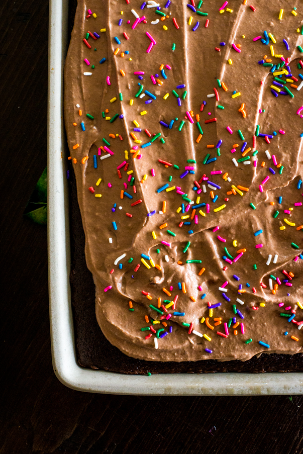 chocolate cake with sprinkles and chocolate frosting in a stoneware pan