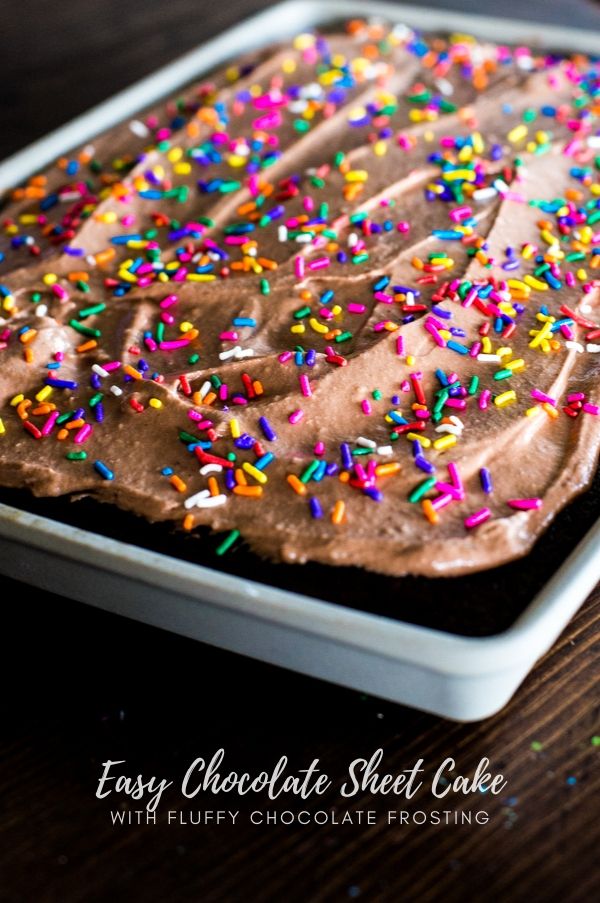 stoneware pan with a chocolate frosted cake with sprinkles