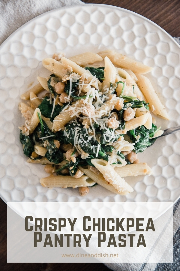Crispy Chickpea Pantry Pasta with Spinach and parmesan cheese