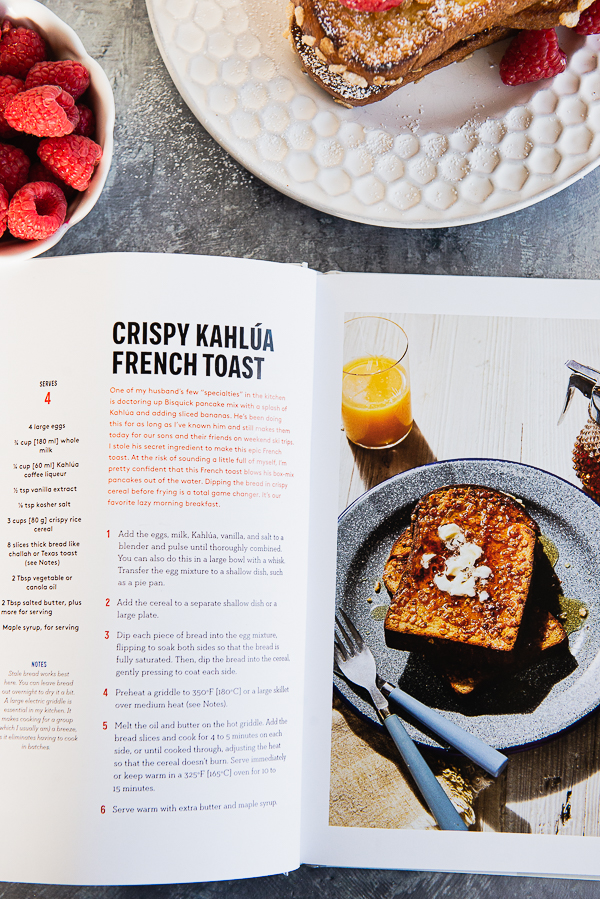 Image is the Apres All Day cookbook opened to Crispy Kahlua French Toast