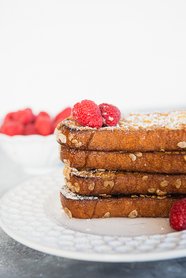 Stack of Double Dip French Toast recipe on a white plate