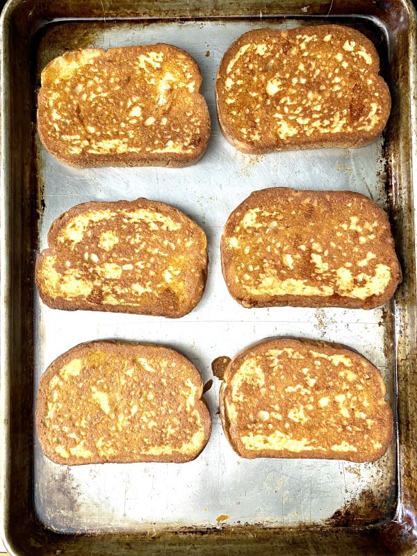Image is Double Dipped French Toast on a baking sheet