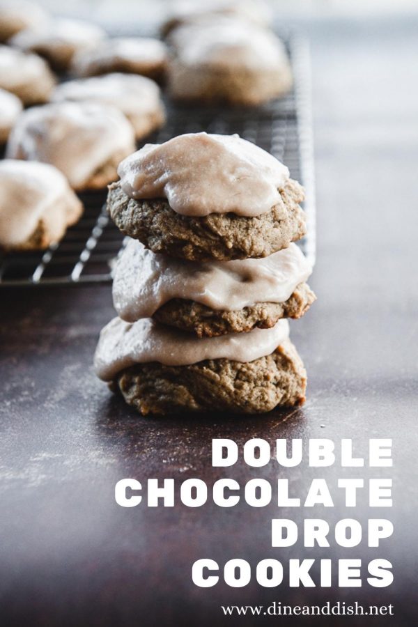 Image is a stack of frosted chocolate cookies with text that says double chocolate drop cookies